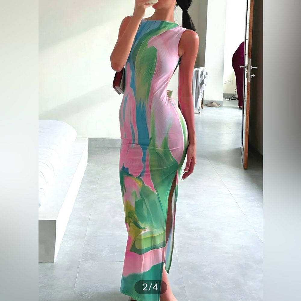 Commense Monet Garden Print Backless Dress